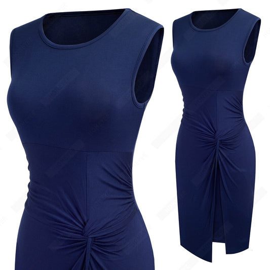 Summer Women Brief One Piece Sleeveless Casual Bodycon Dress Lady Chic Knot Round Neck Dress-3